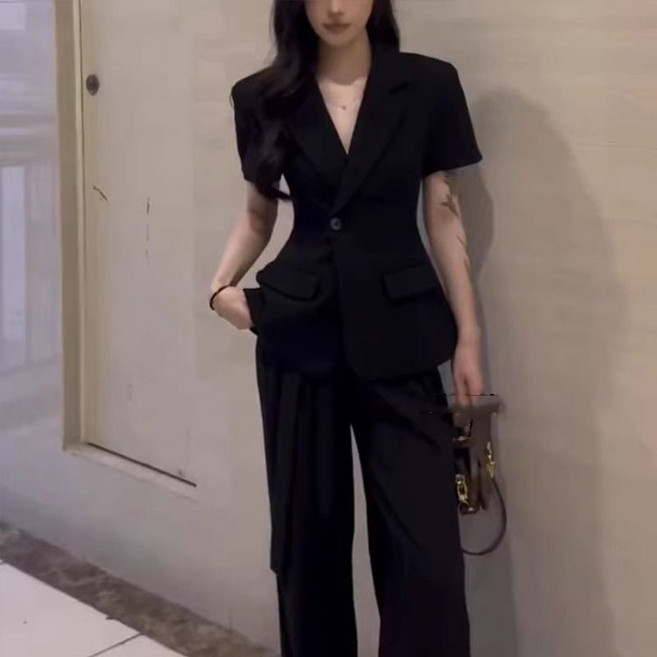 여성 정장 긴바지 투피스 여름 반팔 정장 재킷 + 와이드 팬츠 오피스룩 여자 캐주얼 세트 LT