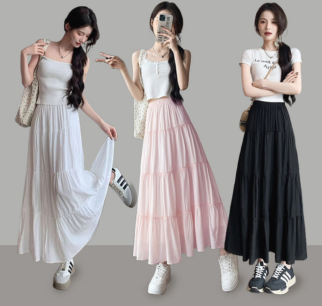 스토리원 여성 4단 플레어 롱 스커트 치마 WM-SSSK018