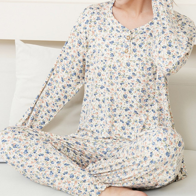 여성 긴팔 잠옷 상하 세트 꽃무늬 피치기모 파자마 실내복