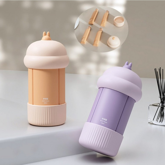 토끼 4 in 1 디스펜서 여행용 실리콘 공병, 2개, 피치+퍼플