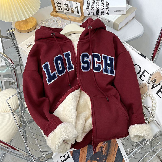 고급 양털 기모 겨울 후드 집업 가디건 점퍼 영문 프린트 자수