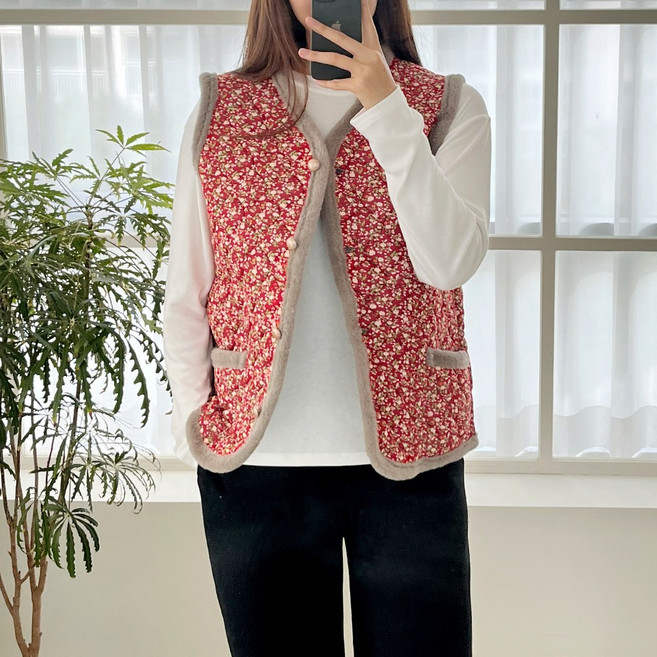 엘라운지 55~77 토끼털 뽀글이 누빔 김장조끼