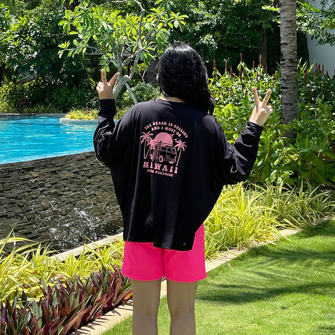 [르비치] 55-100사이즈 비치하와이 오버핏 래쉬가드 수영복커버업 자외선차단 루즈핏 가오리 래시가드 빅사이즈수영복 휴양지, 블랙