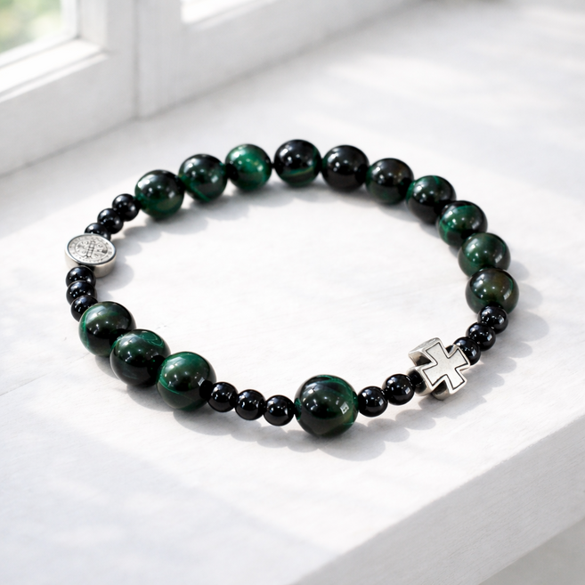 스노우베라 천연 원석 십자가 묵주팔찌 1단 호안석 커플팔찌 천주교 기독교 팔찌선물