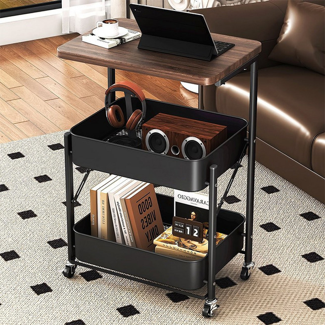 Eyimtech 접이식 카트 트롤리 이동식 철제 360도 회전, 3단, 블랙