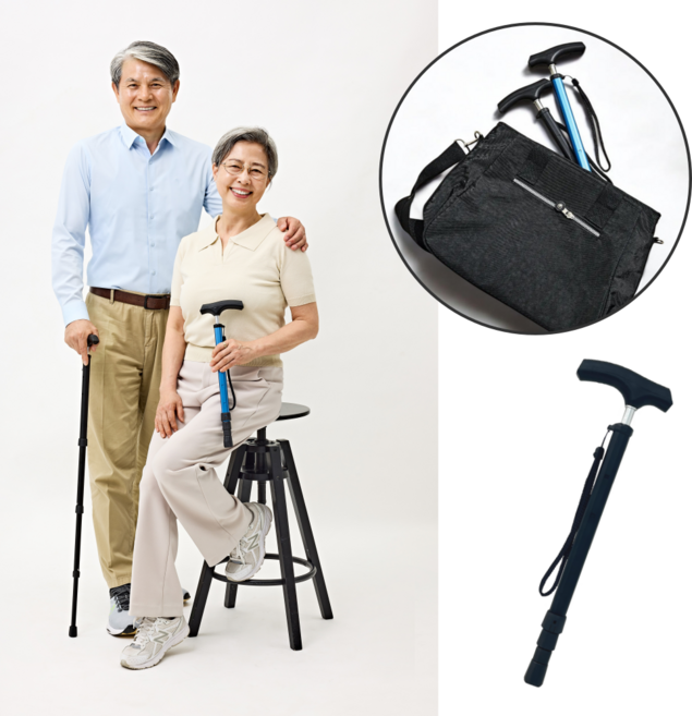 2H메디컬 포켓 지팡이 290g 경량 가벼운 접이식 길이조절, 블랙, 1개