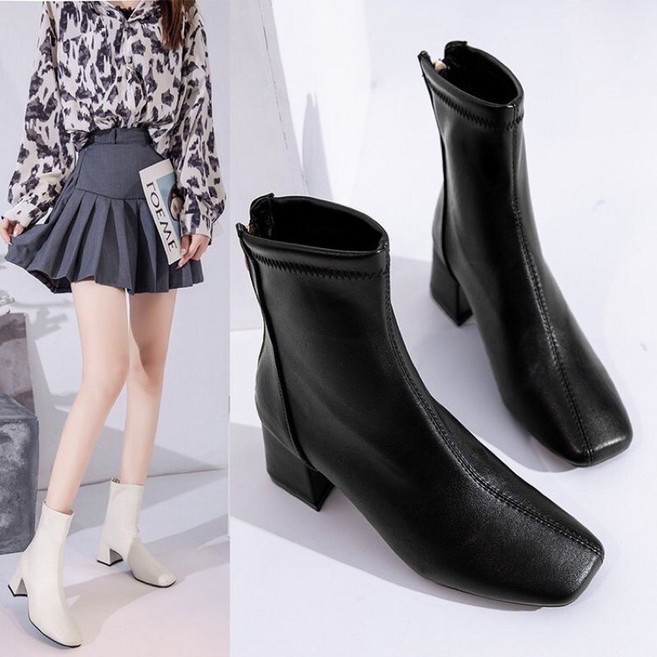 韓版方頭粗跟短靴 經典素面軟皮女靴