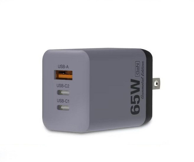 POLYWELL 65W GaN氮化鎵三孔PD雙USB-C USB-A快充頭, 槍色, 1個