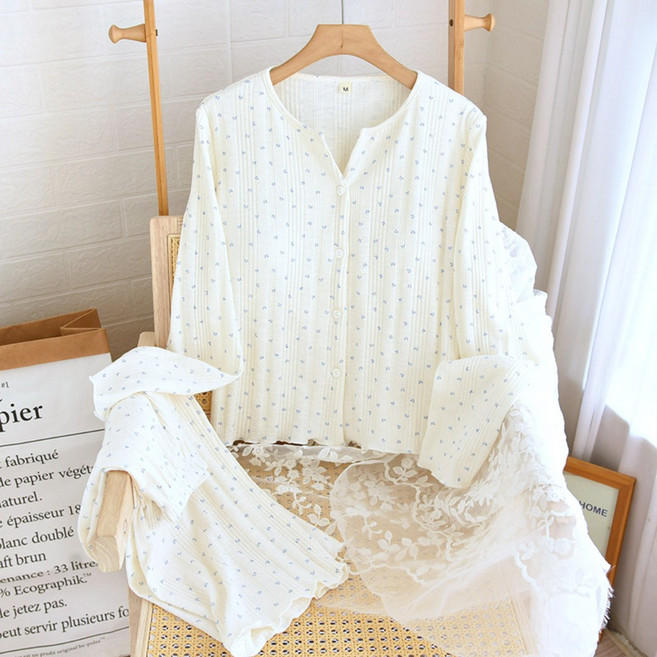 아르앤유 여성 플라워 순면 간절기 긴팔 긴바지 캡 내장 잠옷 홈웨어 세트