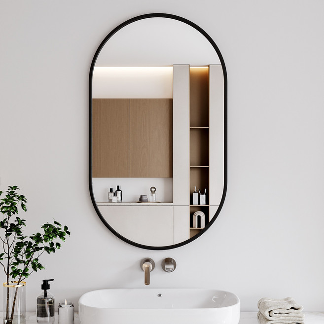 뷰티피크 타원형 벽거울 화장대거울 욕실거울 강화안전유리, 블랙51cm