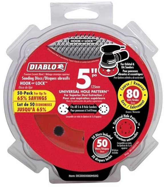 목재 금속 및 플라스틱용 디아블로 후크 앤 락 ROS 샌딩 디스크 - 5인치 80그릿 거친 세라믹 블렌드 50팩 DCD050080H50G