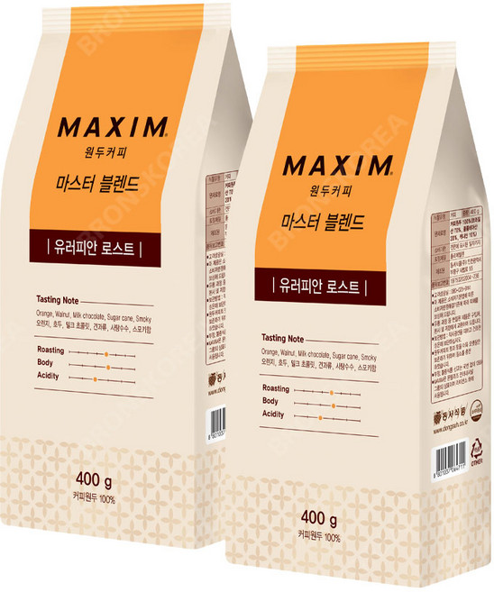 맥심 마스터블렌드 유러피안로스트 400g X 2개 원두콩 커피 브라질산 콜롬비아산 케냐산 블렌딩