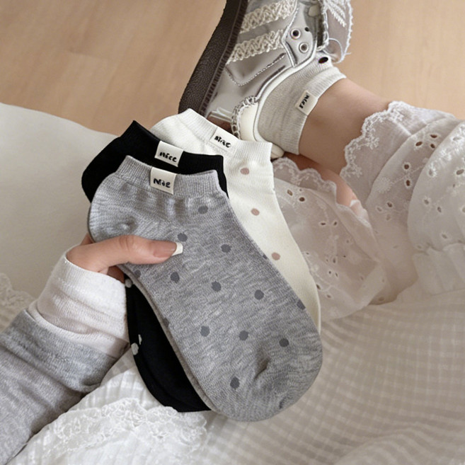 Banjiwu 여성 양말 땡땡이 봄여름 양말 장목 양말 장양말 운동 4족 세트