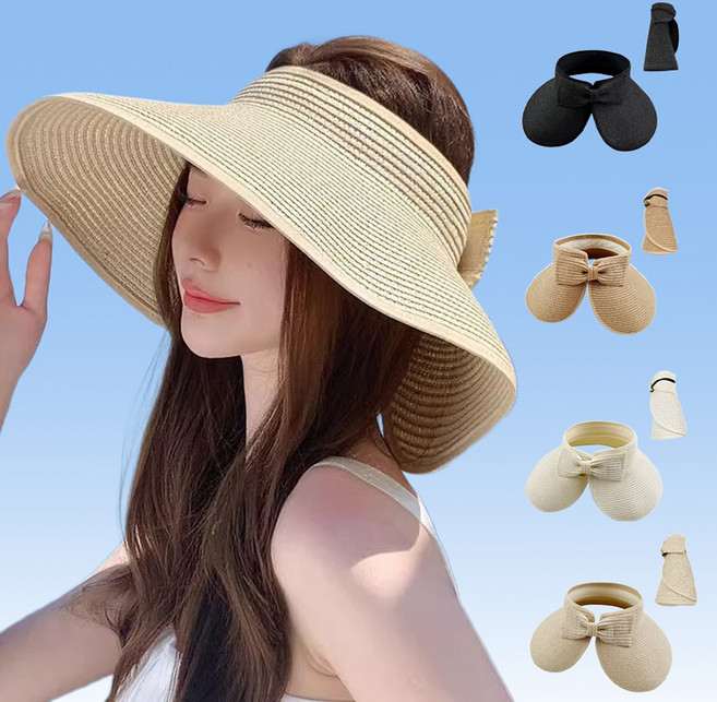 [HANNAL] 여성 리본 돌돌이 썬캡 와이드챙 얼굴소멸 라탄 밀짚모자