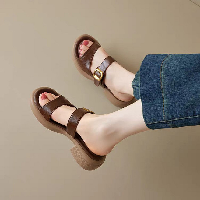 法式復古厚底露趾羅馬涼鞋女, 22.5 cm, 深棕色