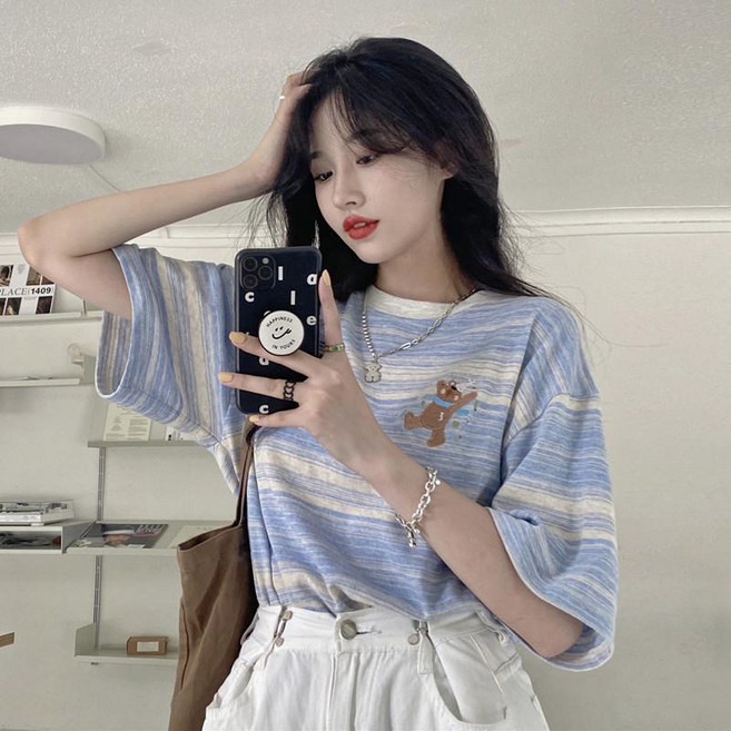 더벨러리 여성 스트라이프 오버핏 반팔 티셔츠 BKT4084 캐릭터