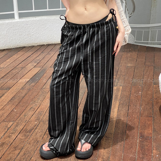 [비치팜] 빈스 스트라이프 시어서커 밴딩 팬츠 여름 여성 와이드 루즈핏 줄무늬 비치 바지