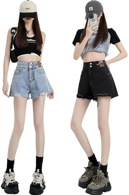 KDNC 여성 데님 쇼츠 A라인 하이웨이스트 슬림핏 여름 핫팬츠
