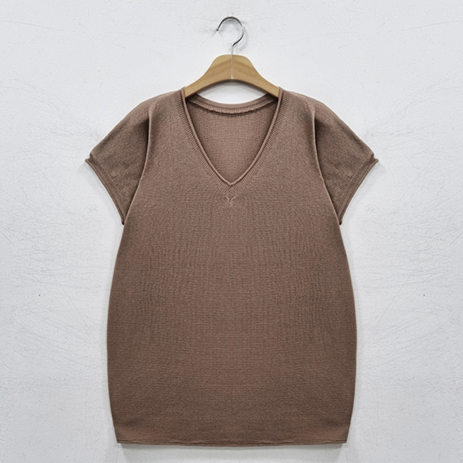 뜨개진 여성용 오버핏 레이온 옆트임 말림 브이넥 캡소매 니트 아델론 베스트