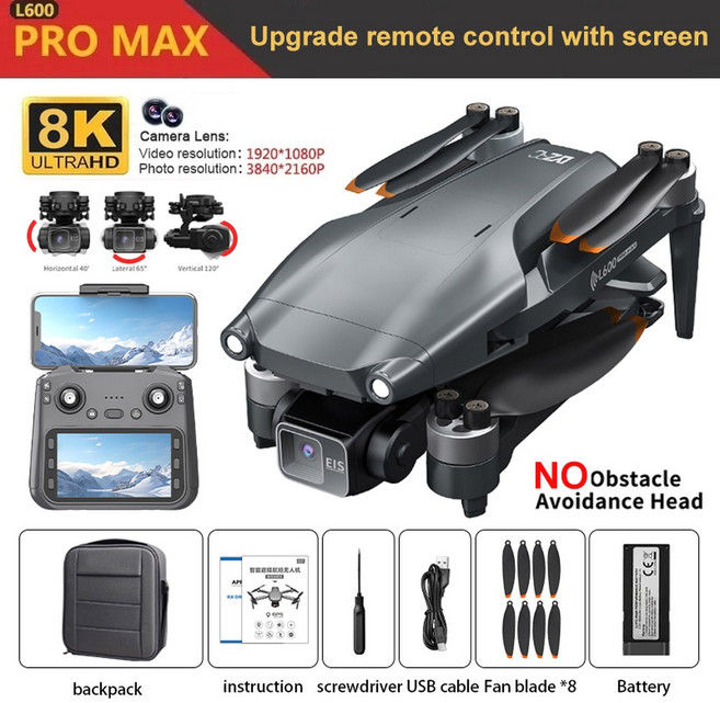 L600 MAX 드론 FPV 브러시리스 대형 스크린 장애물 카메라 쿼드콥터 8K 짐벌 3축 EIS RC 5G GPS 회피 HD, L600 MAX No OAS, 1개