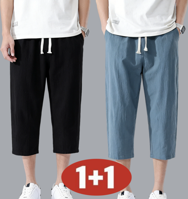 1+1 초특가 남성 여름 빅사이즈 리넨 7부 바지 얇은 루즈핏 밴딩 바지 와이드 캐주얼 팬츠