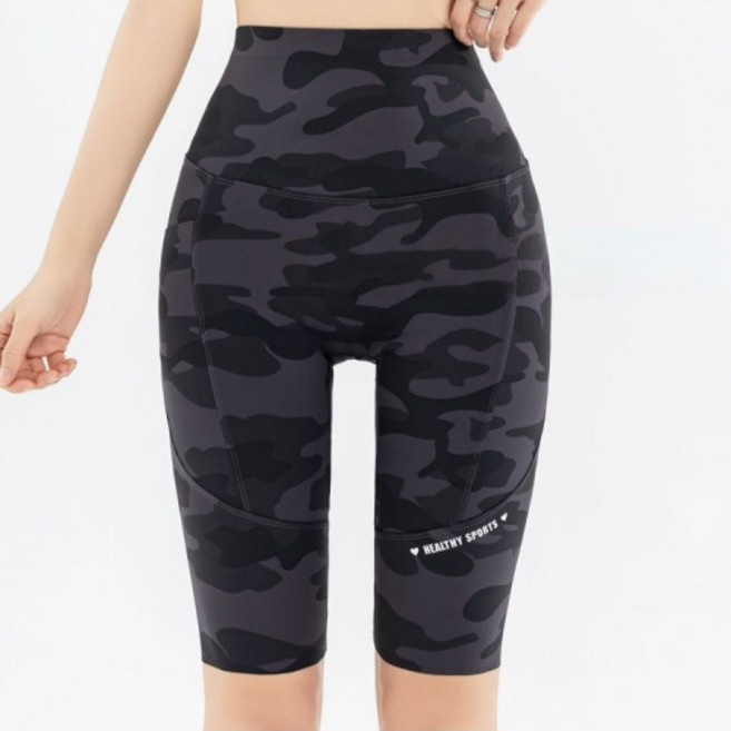 Makone 여성 카모플라쥬 하이웨스트 옆포켓 복부압박 5부 라이딩 샤크팬츠