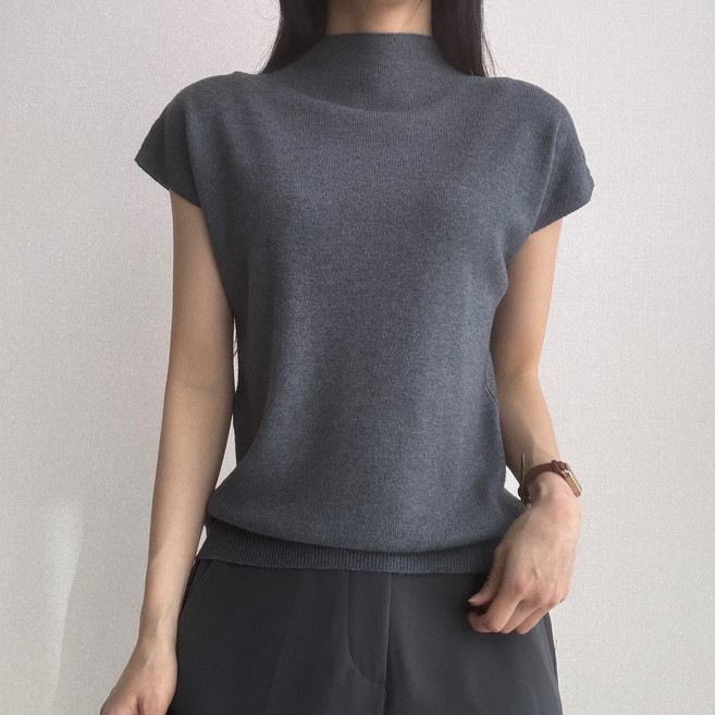 파츠 소프트 터치 반하이넥 니트 데일리 오피스룩 반팔 티