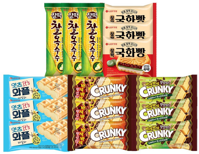 롯데 샌드 아이스크림 5종 혼합구성 두바이 크런키 피스타치오 모나카 크런키 바닐라 모나카 와플 국화빵 찰떡 본가 찰옥수수, 15개, 150ml