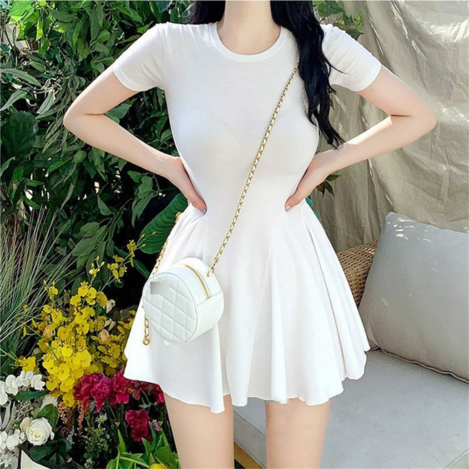 besteffie 여름원피스 여성 코튼 스판 심플 베이직 라운드넥 슬림핏 슬림 미니 원피스 플레어 미니원피스 E88