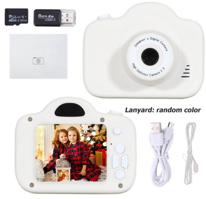 듀얼 셀카용 키즈 카메라 디지털 HD 1080P 비디오 완구 미니 캠 컬러 디스플레이 어린이 생일 선물, 화이트 (32G 와 리더기 세트)