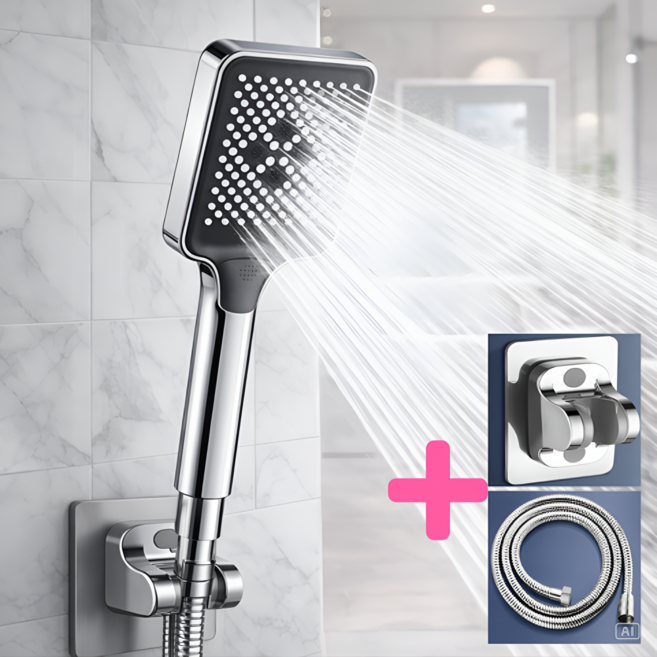 수엘리 폭풍 수압상승 샤워기헤드 호수 거치대 세트, 크롬실버, 1개
