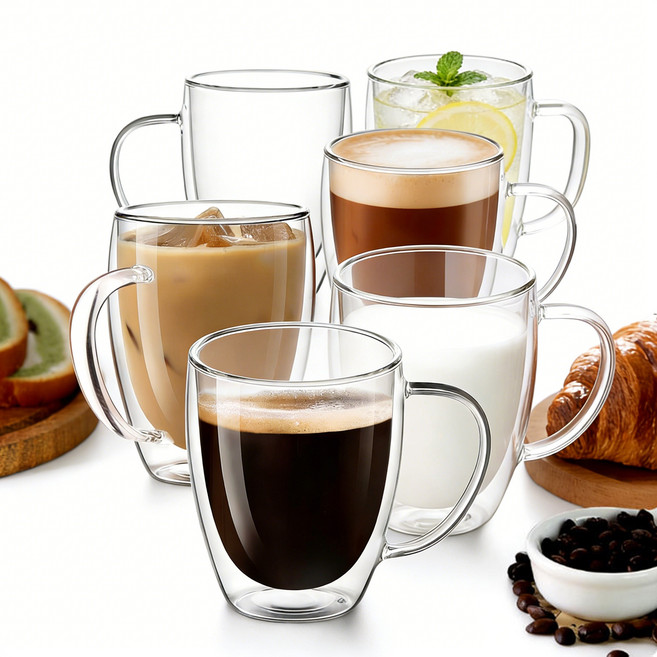 Etolies 내열강화 유리컵 세트 투명 홈카페 350ml 머그컵 대용량 커피잔/주스/물컵, 6개, 투명해요.