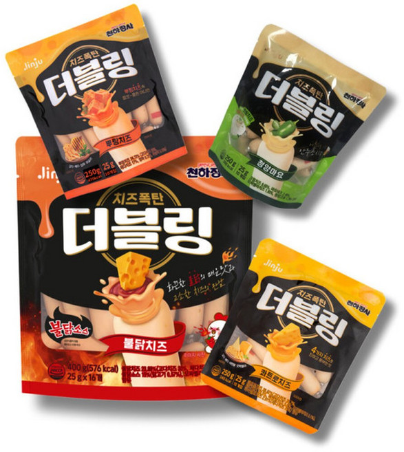 진주햄 천하장사 더블링 치즈소시지 250g(뿌링치즈+청양마요+콰트로치즈)+400g 불닭치즈 4종세트 간식, 250g, 1세트