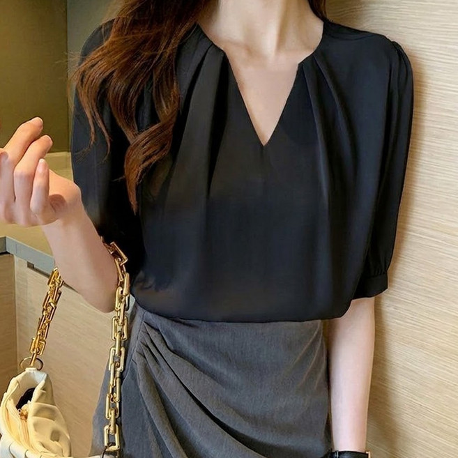 밍키비 100238C 찰랑거리는 브이넥 반팔 블라우스