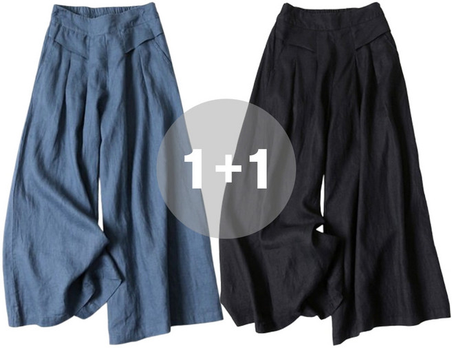 지디오 여성 린넨 밴딩 바지 2개 세트 핀턱 와이드 팬츠 통넓은 여름 긴바지