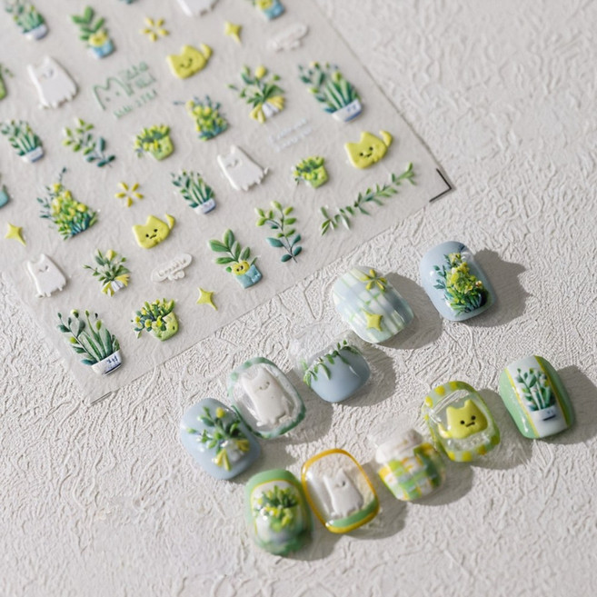 키라데이 스프링 그린 가든 고양이 네일스티커, 1개, 옐로그린