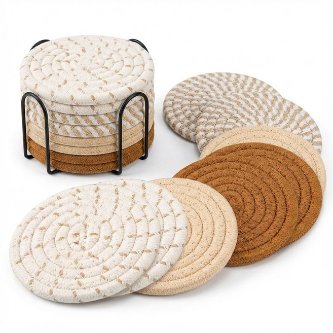 Jeernare 두툼한 코스터 삼베끈 컵받침 8개+수납 스탠드 세트, 1세트, 베이지 혼합