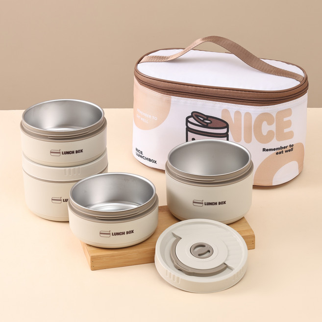 보온 도시락 런치 박스 가방 포함 분리 가능 세트, 1세트, 아이보리 4단