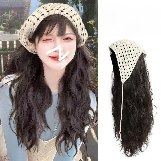 티류으스 타월햇 가발모자 일체형 여성 웨이브 빅웨이브 리얼한 롱웨이브 Z0407, 1개, 하프 헤드 인너 네트  갈색 검정