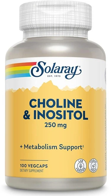 SOLARAY 콜린 & 이노시톨 250mg | 건강한 지방 신진 대사 뇌 기능 지원을 위한 2가지 영양소 콤보 | 식물성 캡슐 100개, 100 개(1 팩), 1개 - 쿠팡