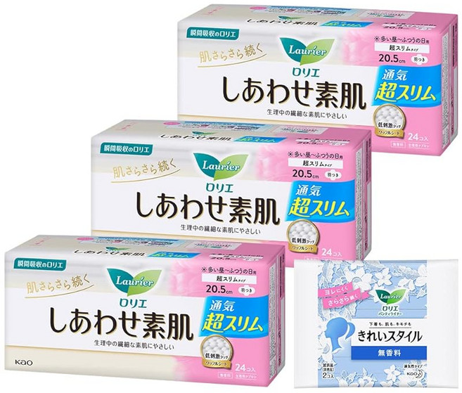 Amazon.co.jp 로리에 행복 맨살 초슬림 보통의 일용 날개 달린 20.5cm 24개입×3세트 72개+사은품 포함