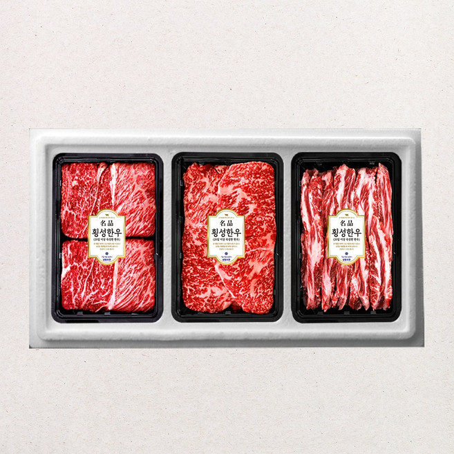 횡성한우 원쁠 1+등급 암소 한우 특선 선물세트 2호 1.2kg ( 꽃등심 400g+ 채끝 400g+ 갈비살 400g ), 1세트