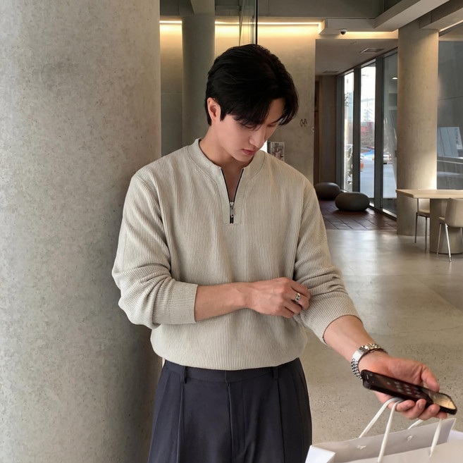 ANYOU 남자 스웨터 부드러운 고퀄리티 반집업 폴라 맨투맨 스판 니트