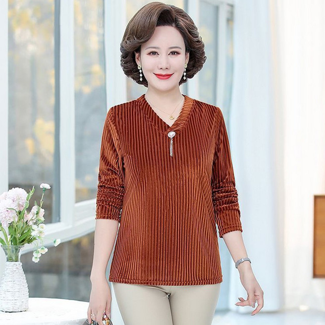TKX 여성 중년 벨벳 긴팔 티셔츠 가을 봄 우아한 V넥 디자인 체형커버 진주 펜던트 장식