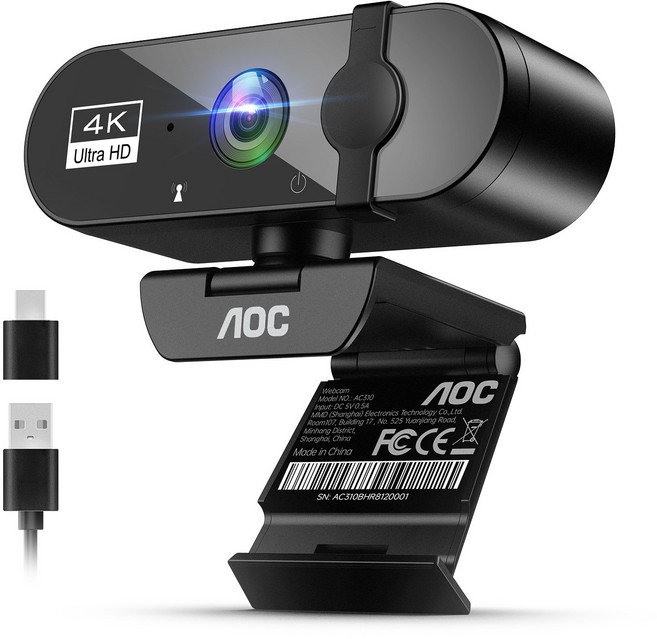 AOC 4K 웹캠 마이크 내장 노이즈캔슬링 화상회의 방송용 PC 컴퓨터 카메라, 블랙, AC310