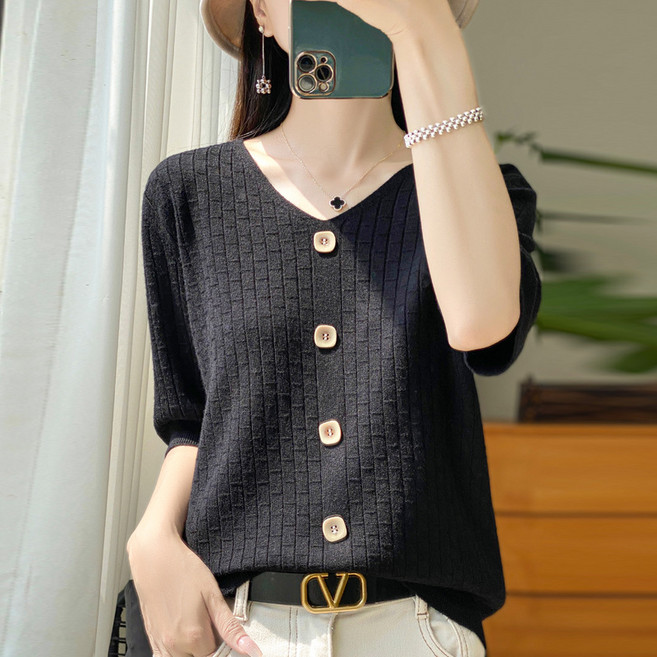 lofei 여성 여름 시원한 심플 버튼 반팔 니트 가디건 상의 TX30