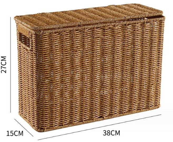 달빛마켓 볼튼 사각 손잡이 뚜껑 코너 대형 라탄바구니 신문 책 바스켓 공간절약, S, 1개