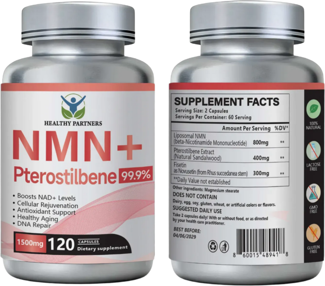 헬시파트너 엔엠엔 고함량 NMN 프테로스틸벤 니코틴아마이드 역노화 안티에이징 항산화 항노화 세놀리틱 무관세, 5개, 120정