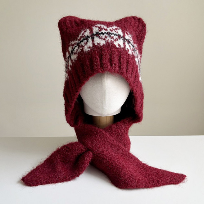 바비수 후드 타이 머플러 캣 비니