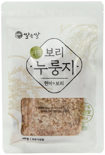 쌀눈쌀 퍼핑 누룽지 100% 국내산 식사대용 건강식품 오분도미 즉석도정 수제공정, 60g, 10개, 보리